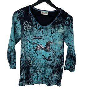 Cactus Bay Top Women's Sz S Cave Painting Made In USA Embellished  Horse Western